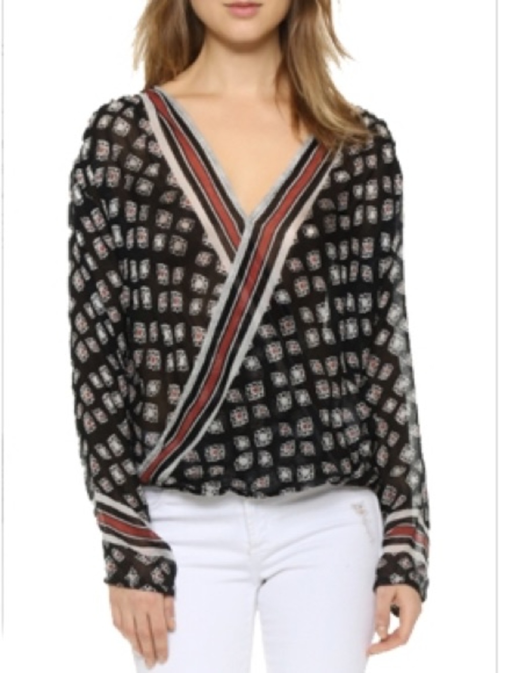 Free People Black Patterned Blouse with Red and White Trim